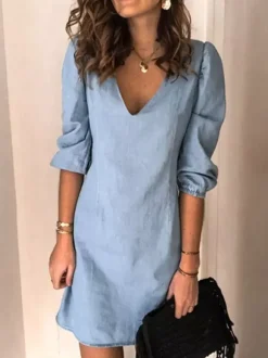 Robe Eté Courte Femme à Col Décolleté en V avec Manches Mi-longues Unicolore Robe Droite Robe de Plage