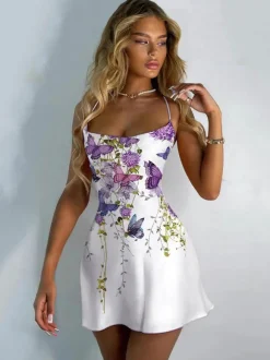 Robe Eté Courte Imprimé avec Bretelles Coupe Cintrée Bicolores