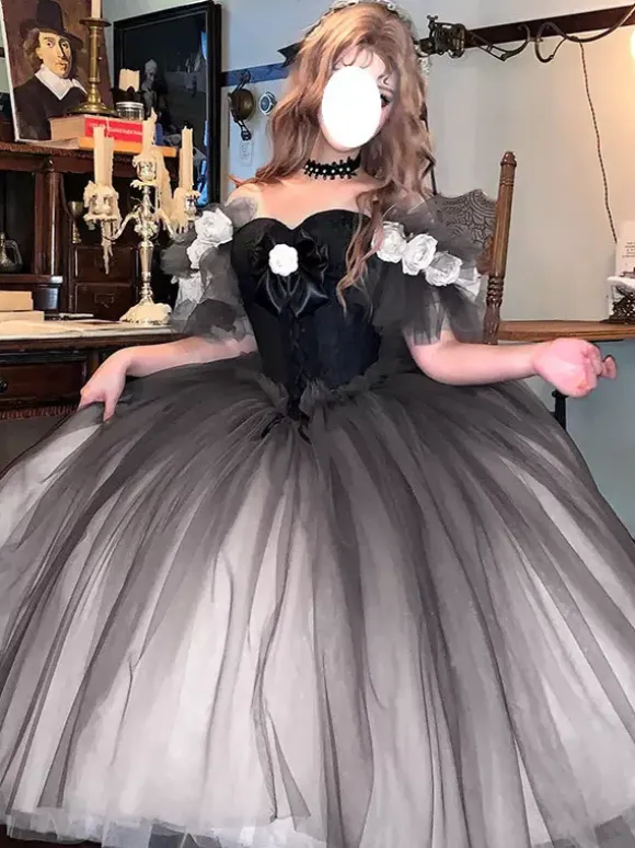 Robe Fairy Lolita à décolleté c艙ur manches courtes en tulle fleuri robe Sweet Lolita pour tea party