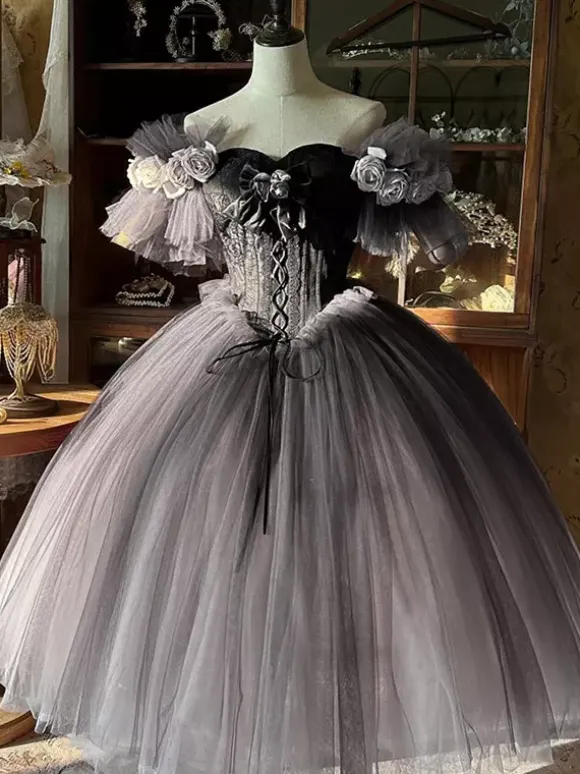 Robe Fairy Lolita à décolleté c艙ur manches courtes en tulle fleuri robe Sweet Lolita pour tea party