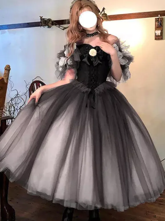 Robe Fairy Lolita à décolleté c艙ur manches courtes en tulle fleuri robe Sweet Lolita pour tea party