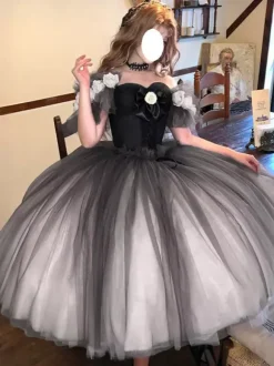 Robe Fairy Lolita à décolleté c艙ur manches courtes en tulle fleuri robe Sweet Lolita pour tea party