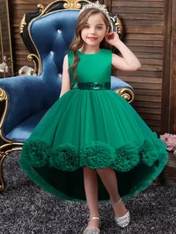 Robe fille de fleur asymétrique en tulle col rond noeud sur dos robe cortège enfant