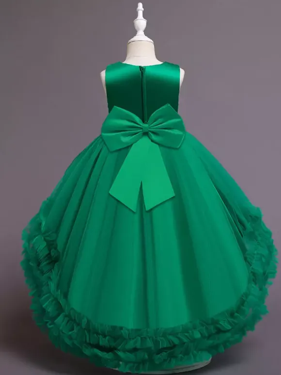 Robe fille de fleur asymétrique en tulle col rond noeud sur dos robe cortège enfant