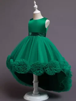 Robe fille de fleur asymétrique en tulle col rond noeud sur dos robe cortège enfant