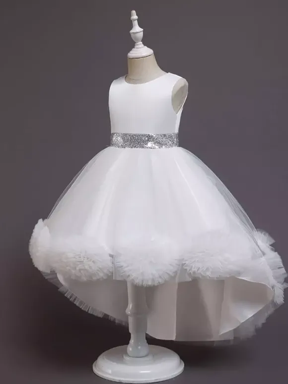 Robe fille de fleur asymétrique en tulle col rond noeud sur dos robe cortège enfant