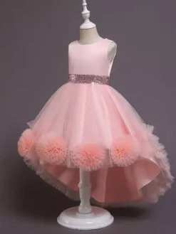 Robe fille de fleur asymétrique en tulle col rond noeud sur dos robe cortège enfant