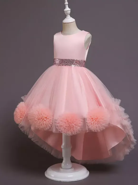 Robe fille de fleur asymétrique en tulle col rond noeud sur dos robe cortège enfant