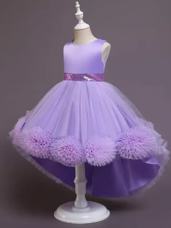 Robe fille de fleur asymétrique en tulle col rond noeud sur dos robe cortège enfant