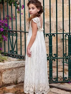 Robe fille de fleur bohémienne ivoire en dentelle noeud sur dos robe cortège enfant
