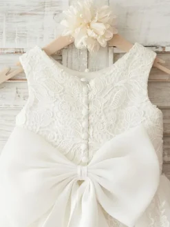 Robe fille de fleur ivoire en tulle col rond en dentelle boutonné sur dos avec noeud robe cortège enfant