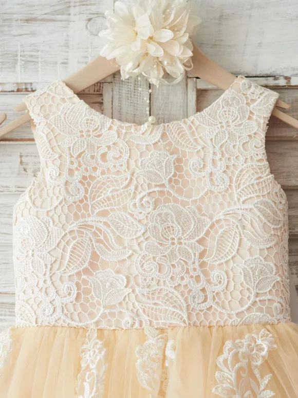 Robe fille de fleur ivoire en tulle col rond en dentelle boutonné sur dos avec noeud robe cortège enfant