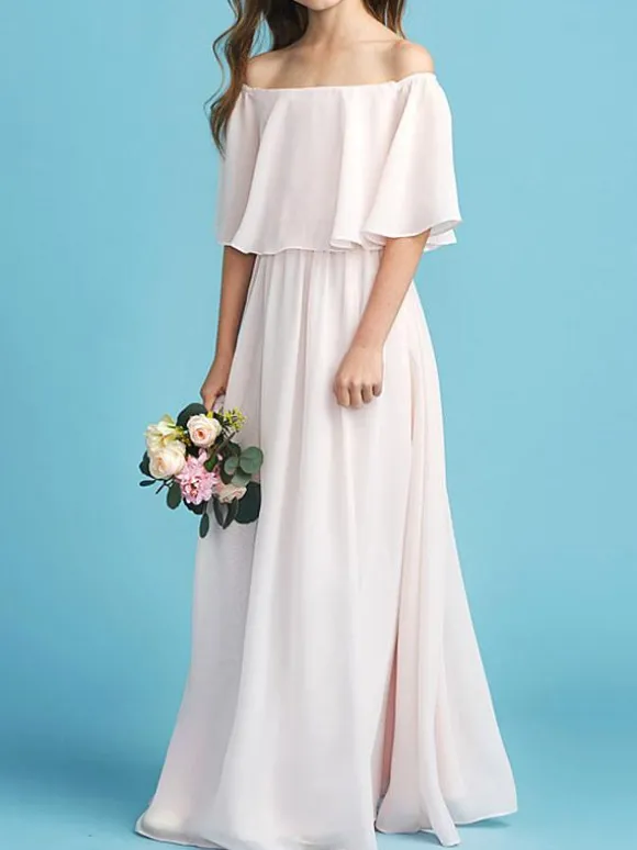 Robe fille de fleur pale rose en chiffon col bateau jupe plissée longueur au sol robe fille cérémonie