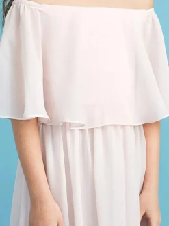 Robe fille de fleur pale rose en chiffon col bateau jupe plissée longueur au sol robe fille cérémonie