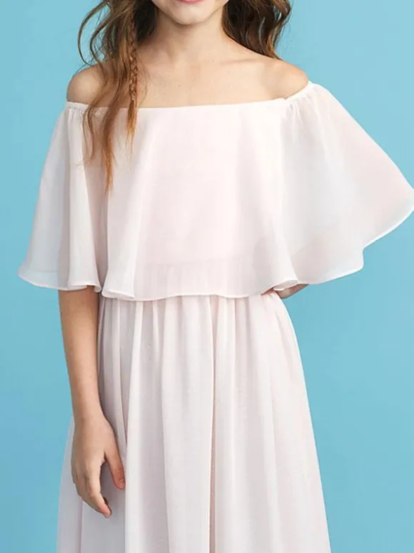 Robe fille de fleur pale rose en chiffon col bateau jupe plissée longueur au sol robe fille cérémonie