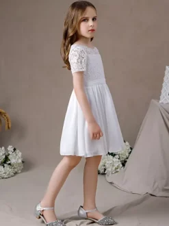 Robe fille de fleur robe cortège enfant robe cérémonie fille col rond manche courte au genou