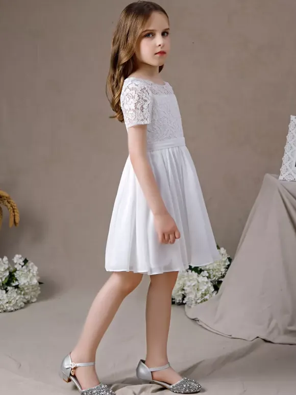 Robe fille de fleur robe cortège enfant robe cérémonie fille col rond manche courte au genou
