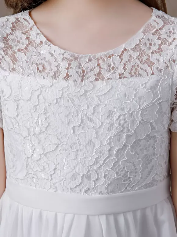 Robe fille de fleur robe cortège enfant robe cérémonie fille col rond manche courte au genou