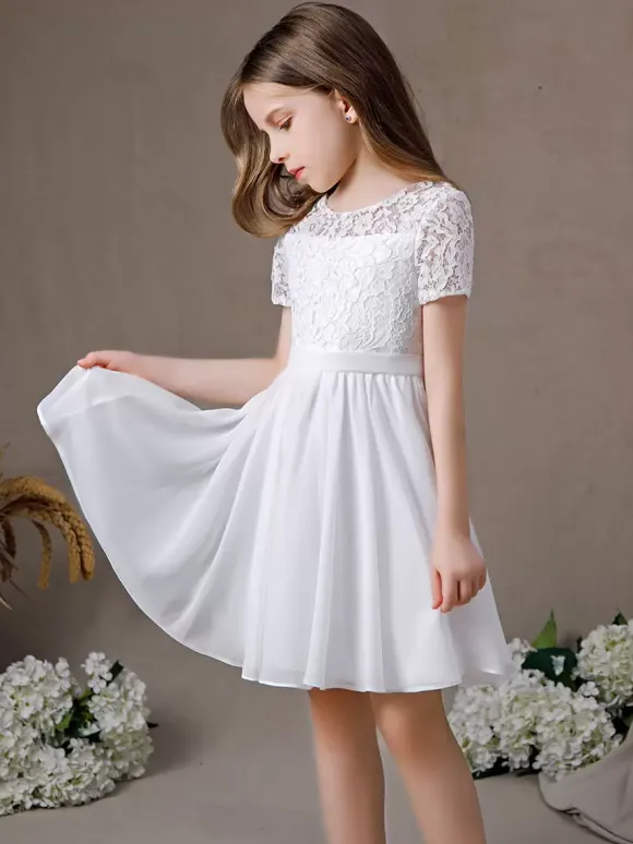 Robe fille de fleur robe cortège enfant robe cérémonie fille col rond manche courte au genou