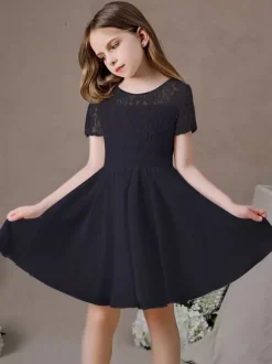 Robe fille de fleur robe cortège enfant robe cérémonie fille col rond manche courte au genou