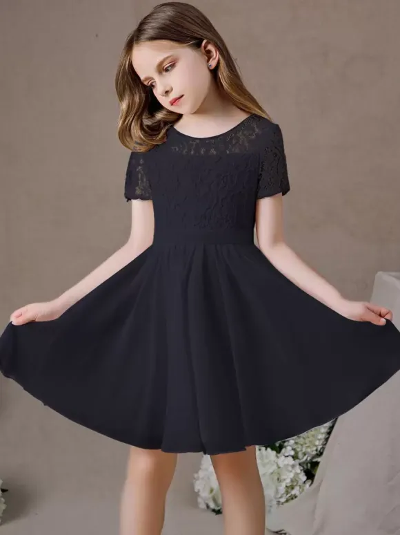 Robe fille de fleur robe cortège enfant robe cérémonie fille col rond manche courte au genou