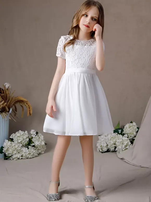 Robe fille de fleur robe cortège enfant robe cérémonie fille col rond manche courte au genou