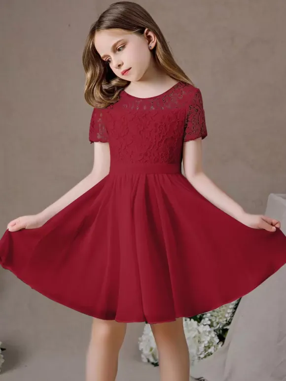 Robe fille de fleur robe cortège enfant robe cérémonie fille col rond manche courte au genou