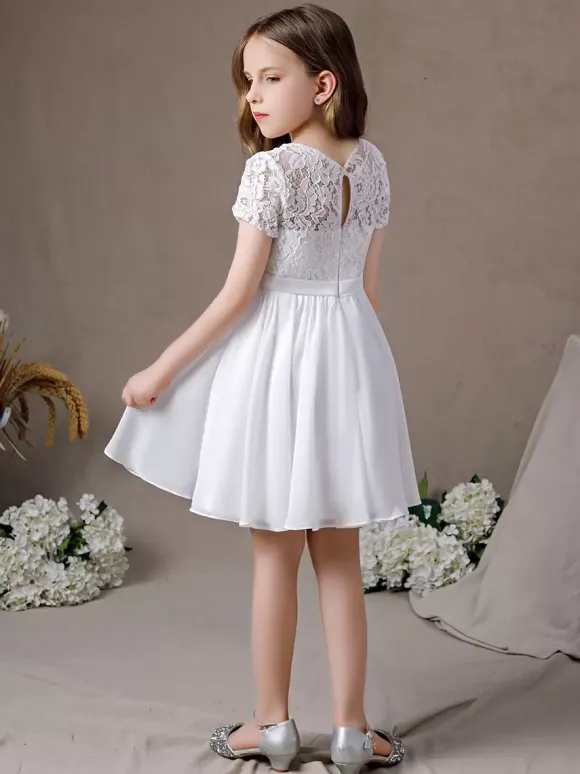 Robe fille de fleur robe cortège enfant robe cérémonie fille col rond manche courte au genou