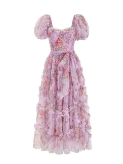 Robe Fleurie Bohème Manches Courtes Col Carré Couches Dos Nu Ceinture Automne