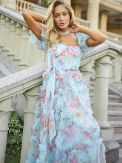 Robe Fleurie Bohème Manches Courtes Col Carré Couches Dos Nu Ceinture Automne