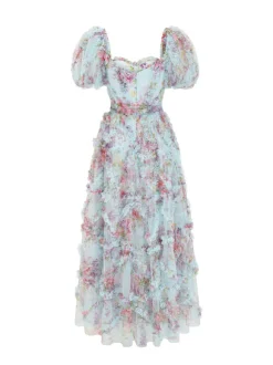 Robe Fleurie Bohème Manches Courtes Col Carré Couches Dos Nu Ceinture Automne