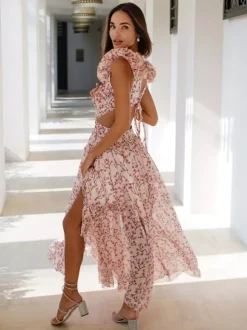 Robe fleurie fluide décolleté plongeant fente haute dos nu maxi robe bohème