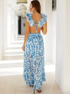 Robe fleurie fluide décolleté plongeant fente haute dos nu maxi robe bohème