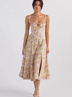 Robe fleurie Robe mi-longue Robes Imprimé floral Bretelles fendues Col Sans manches Cottagecore Été