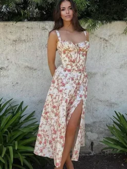Robe fleurie Robe mi-longue Robes Imprimé floral Bretelles fendues Col Sans manches Cottagecore Été