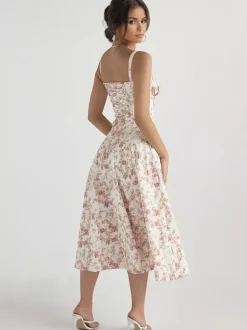 Robe fleurie Robe mi-longue Robes Imprimé floral Bretelles fendues Col Sans manches Cottagecore Été