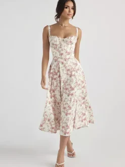 Robe fleurie Robe mi-longue Robes Imprimé floral Bretelles fendues Col Sans manches Cottagecore Été