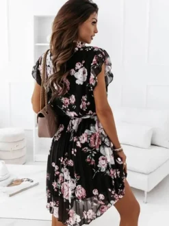 Robe Fleurie Été en Mousselines Courte Imprimée Femme à Col V avec Manches Courtes Volante Coupe Cintrée Elastique Bicolores