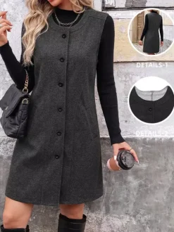 Robe-gilet midi sans manches en laine mélangée gris foncé col rond boutons sur le devant style décontracté