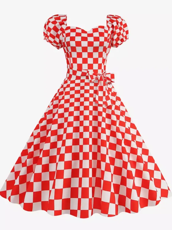 Robe Glamour rétro col en c艙ur manches bouffantes pois robes longues décontractées