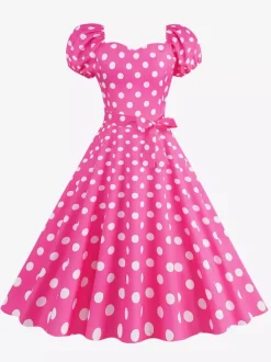 Robe Glamour rétro col en c艙ur manches bouffantes pois robes longues décontractées