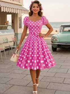 Robe Glamour rétro col en c艙ur manches bouffantes pois robes longues décontractées