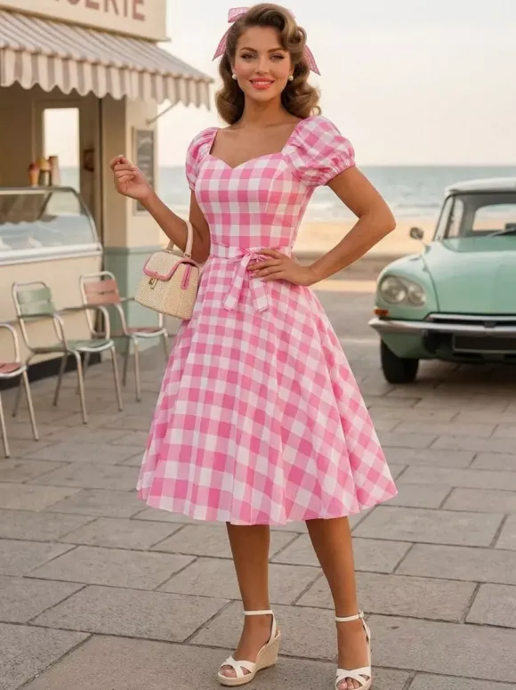 Robe Glamour rétro col en c艙ur manches bouffantes pois robes longues décontractées