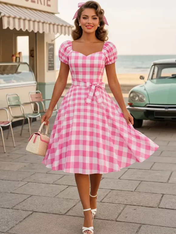 Robe Glamour rétro col en c艙ur manches bouffantes pois robes longues décontractées