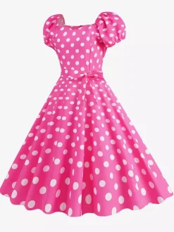 Robe Glamour rétro col en c艙ur manches bouffantes pois robes longues décontractées