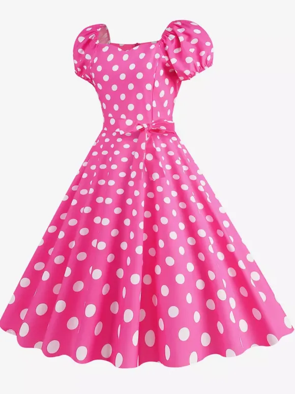 Robe Glamour rétro col en c艙ur manches bouffantes pois robes longues décontractées
