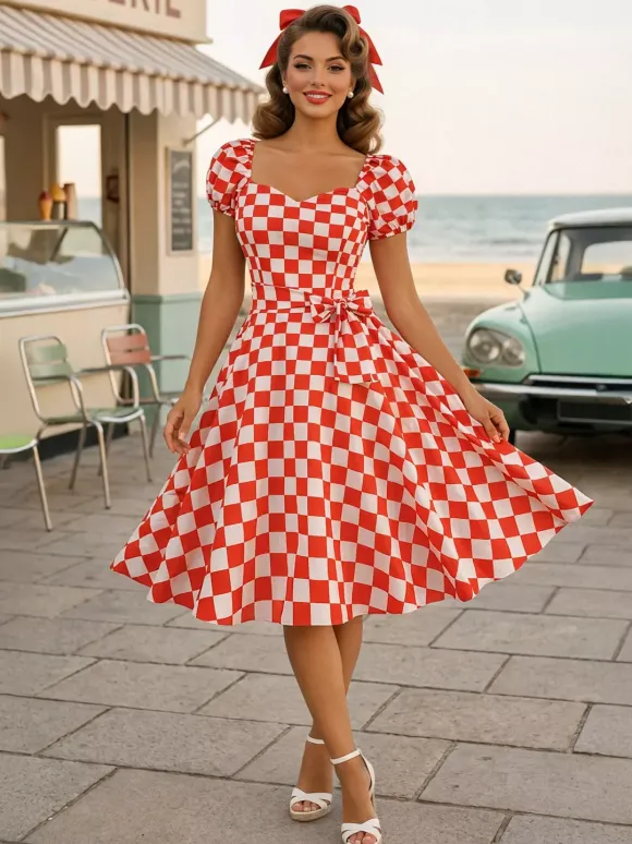 Robe Glamour rétro col en c艙ur manches bouffantes pois robes longues décontractées