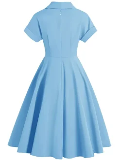 Robe glamour vintage à col rabattu et boutons style années 50 manches courtes taille moyenne jaune rockabilly