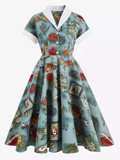 Robe glamour vintage à col rabattu et boutons style années 50 manches courtes taille moyenne jaune rockabilly