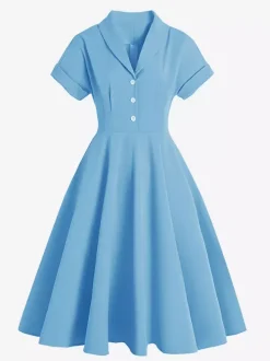 Robe glamour vintage à col rabattu et boutons style années 50 manches courtes taille moyenne jaune rockabilly